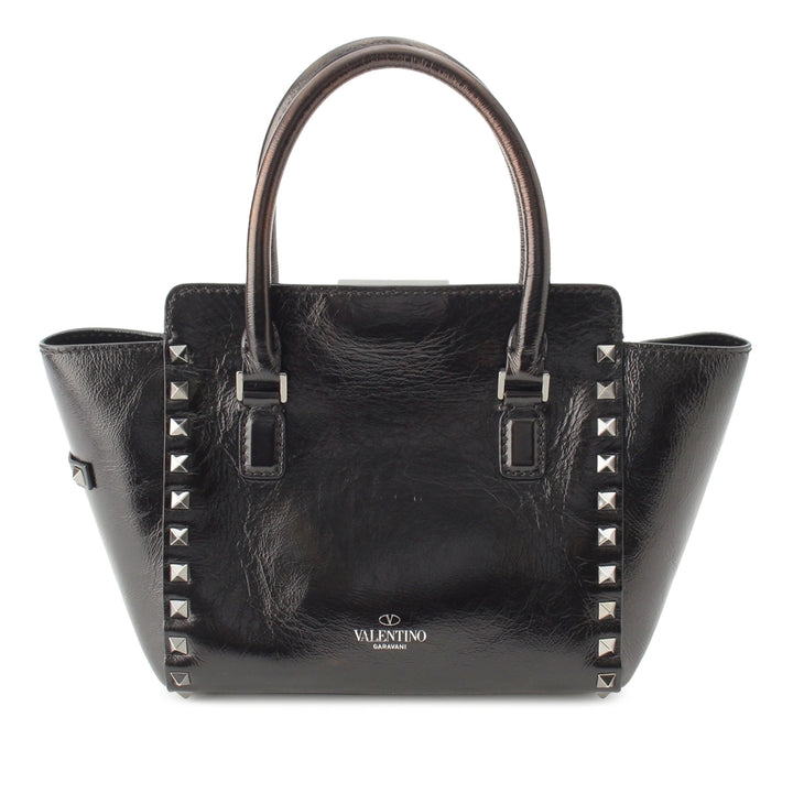 froissé Rockstud Double Poignée Cabas Petit Cuir de veau Noir