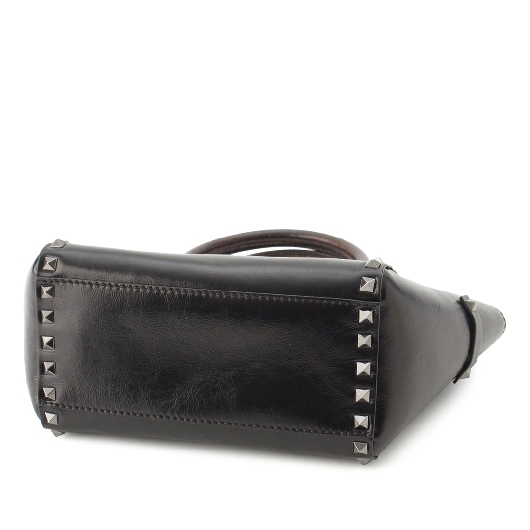 froissé Rockstud Double Poignée Cabas Petit Cuir de veau Noir