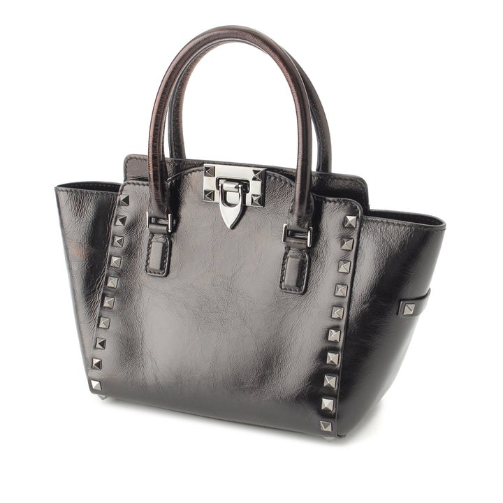froissé Rockstud Double Poignée Cabas Petit Cuir de veau Noir