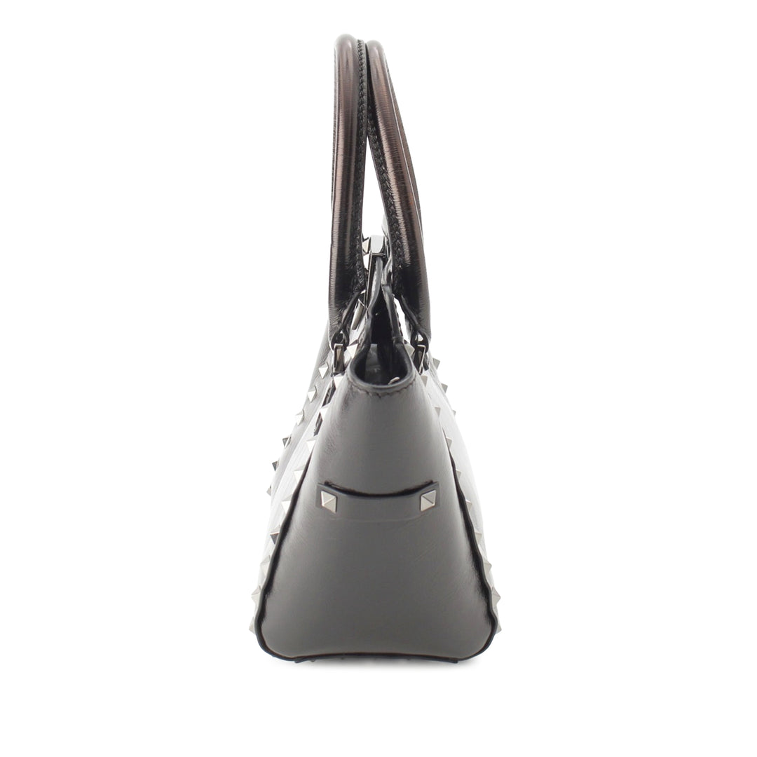 froissé Rockstud Double Poignée Cabas Petit Cuir de veau Noir