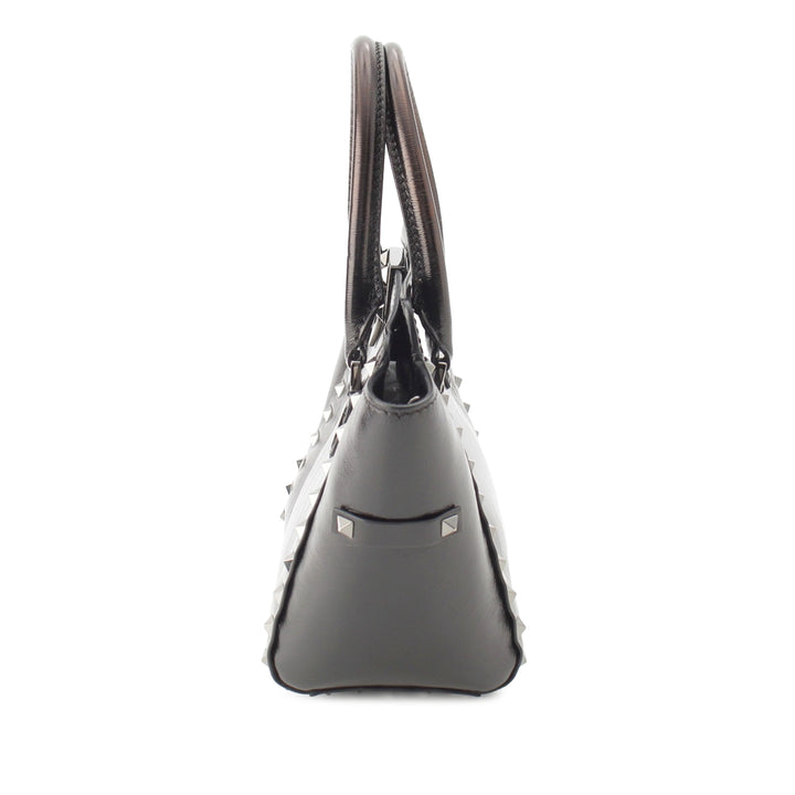 froissé Rockstud Double Poignée Cabas Petit Cuir de veau Noir