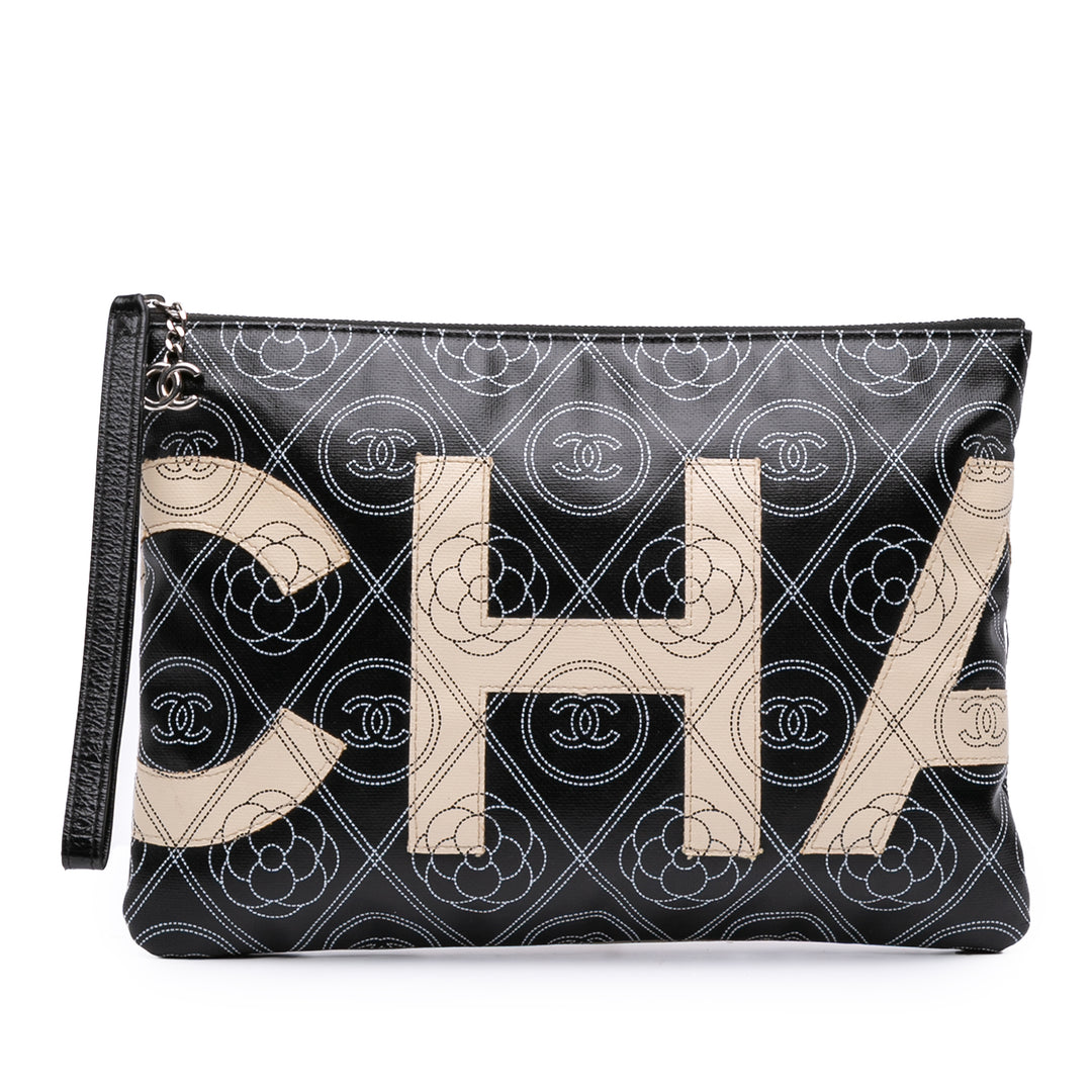 Coated Canvas Camellia Logo Wristlet Clutch Black - Gaby Paris