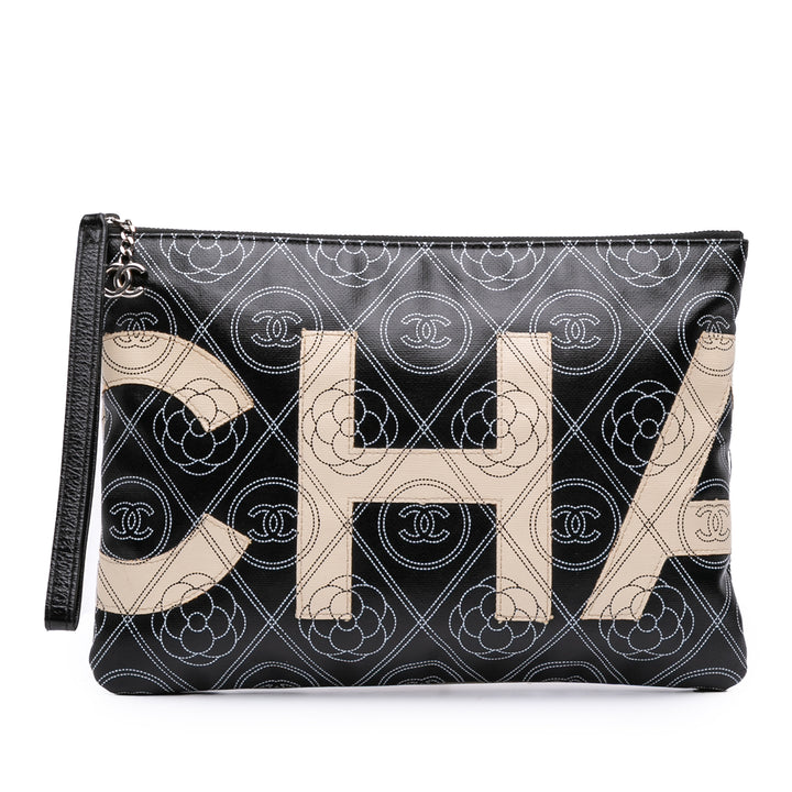 Coated Canvas Camellia Logo Wristlet Clutch Black - Gaby Paris