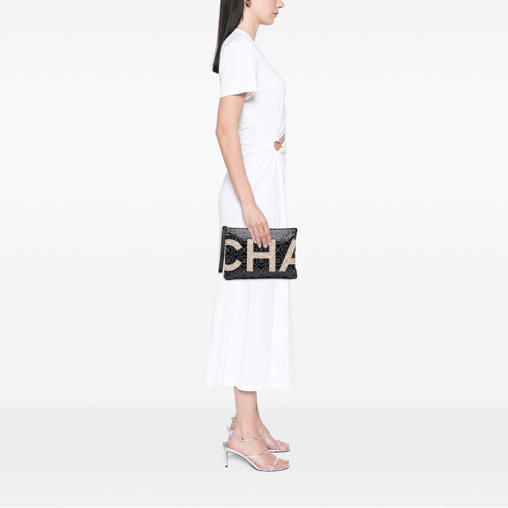Coated Canvas Camellia Logo Wristlet Clutch Black - Gaby Paris