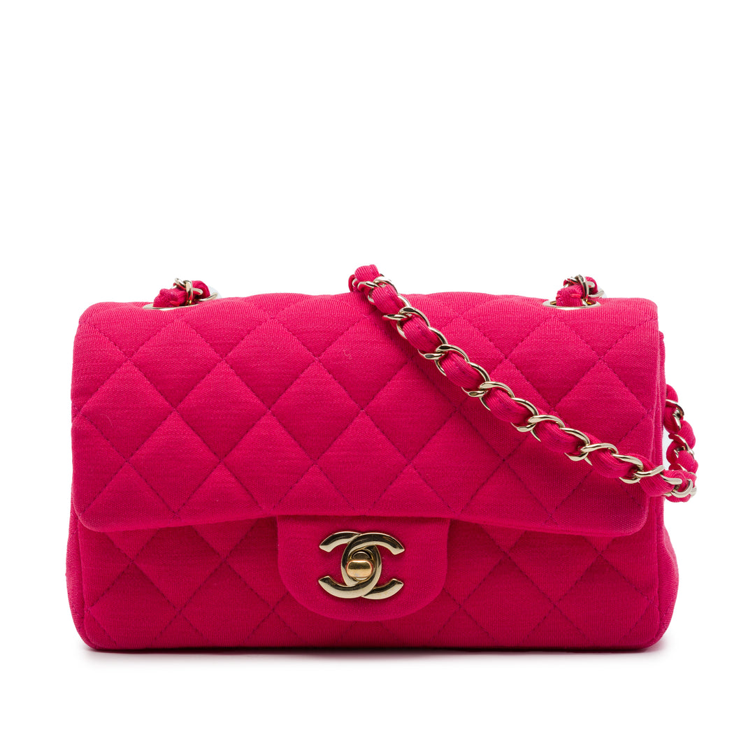 Chanel Classic Rectangulaire Jersey Rabat simple Mini Rose – vue principale – GABY PARIS