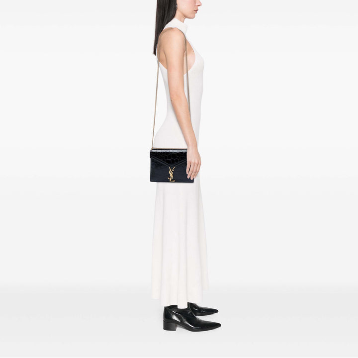 Saint Laurent brillant Croc embossé Cuir de veau Monogram Cassandra Chain Portefeuille