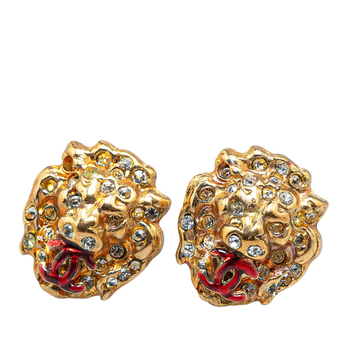 Gold Plated Rhinestones Lion Head Push Back Earrings Gold - Gaby Paris