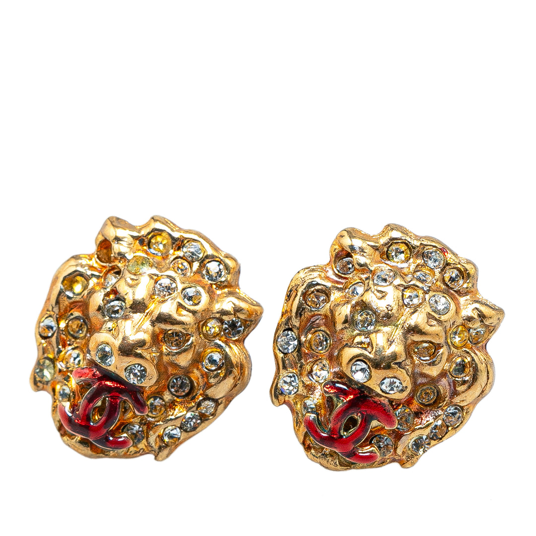 Chanel Gold Plated Rhinestones Lion Head Push Back Earrings Gold - GABY PARIS