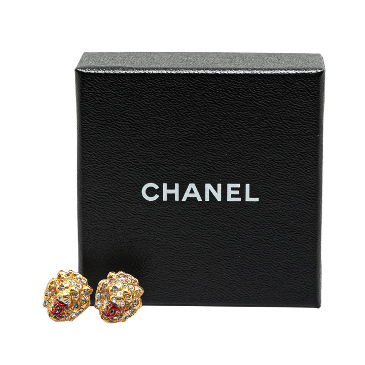 Chanel Gold Plated Rhinestones Lion Head Push Back Earrings Gold - GABY PARIS