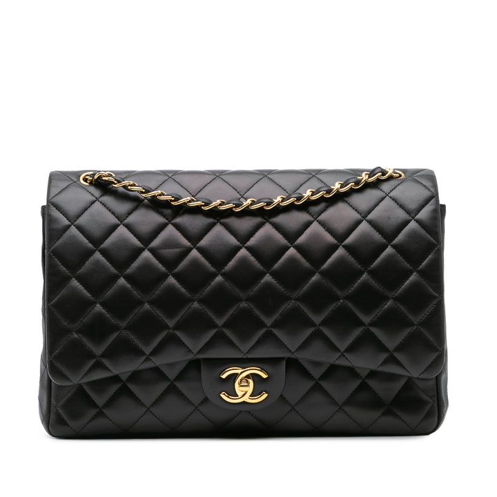 Maxi Classic Lambskin Double Flap Black - Gaby Paris