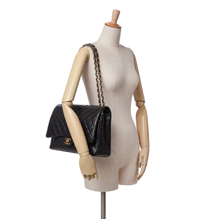 Maxi Classic Lambskin Double Flap Black - Gaby Paris