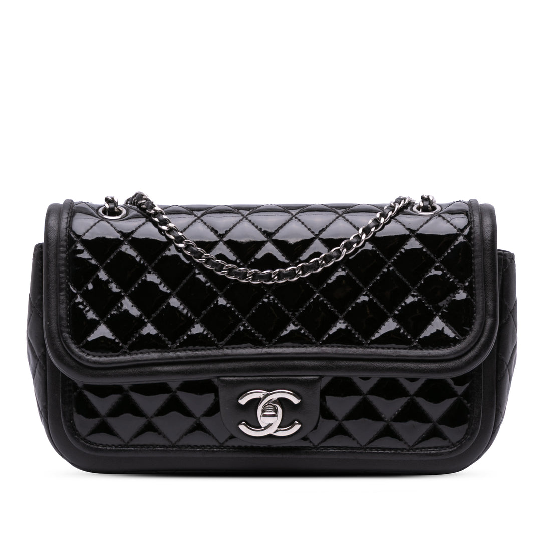 Medium Quilted Patent and Lambskin Classic Twist Flap Black - Gaby Paris