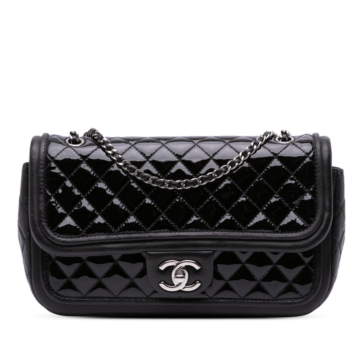 Medium Quilted Patent and Lambskin Classic Twist Flap Black - Gaby Paris