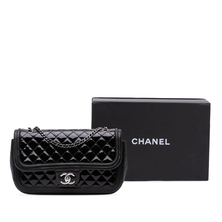Medium Quilted Patent and Lambskin Classic Twist Flap Black - Gaby Paris