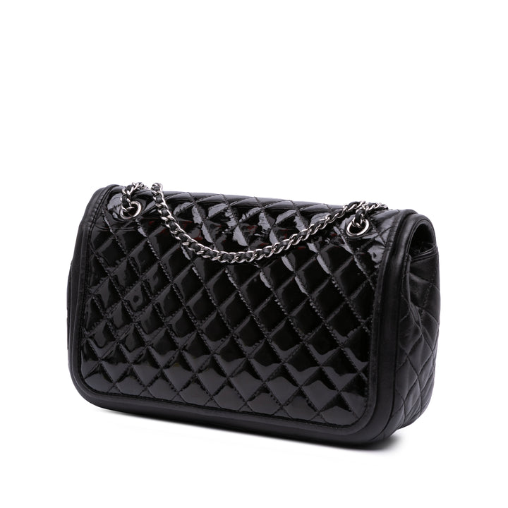 Medium Quilted Patent and Lambskin Classic Twist Flap Black - Gaby Paris