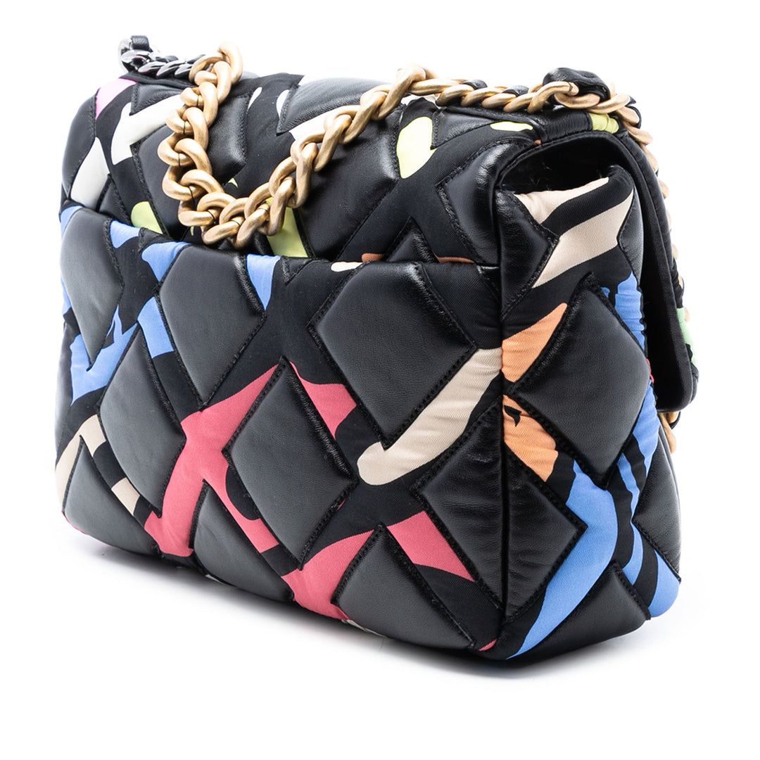 Chanel Medium Cuir d’agneau et Printed Soie Fixation 19 à rabat