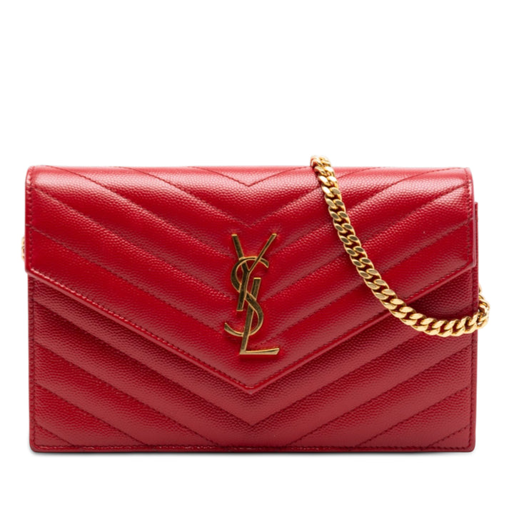 Saint Laurent Grain De Poudre Chevron Monogram Envelope Wallet on Chain