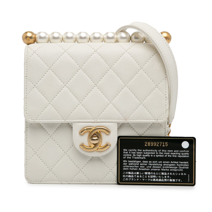 Small Lambskin Chic Pearls Flap White - Gaby Paris