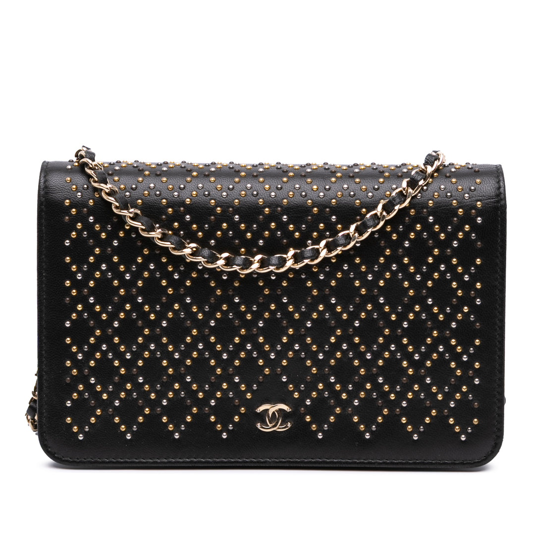 CC Studded Lambskin Wallet on Chain Black - Gaby Paris