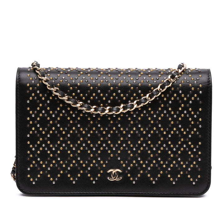 CC Studded Lambskin Wallet on Chain Black - Gaby Paris