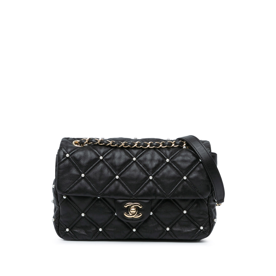 Chanel Medium Quilted Lambskin Pearl Studs Flap Black - GABY PARIS