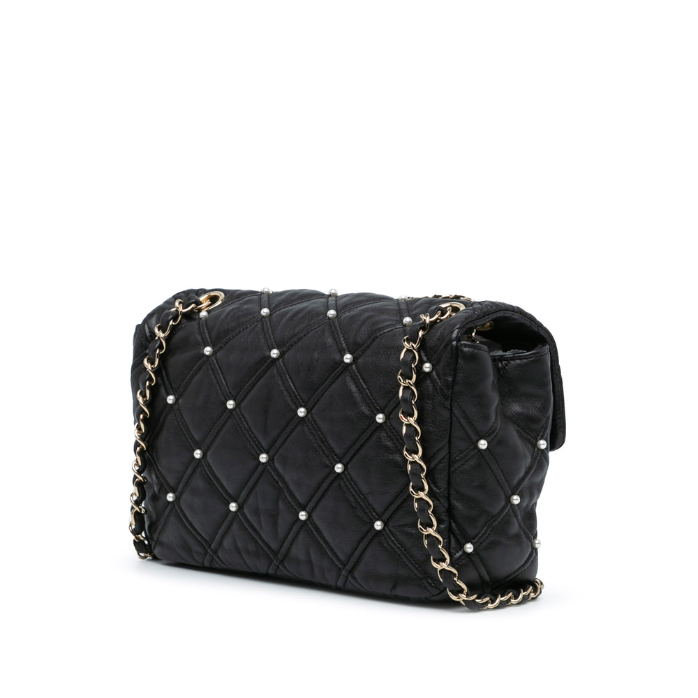 Chanel Medium Quilted Lambskin Pearl Studs Flap Black - GABY PARIS