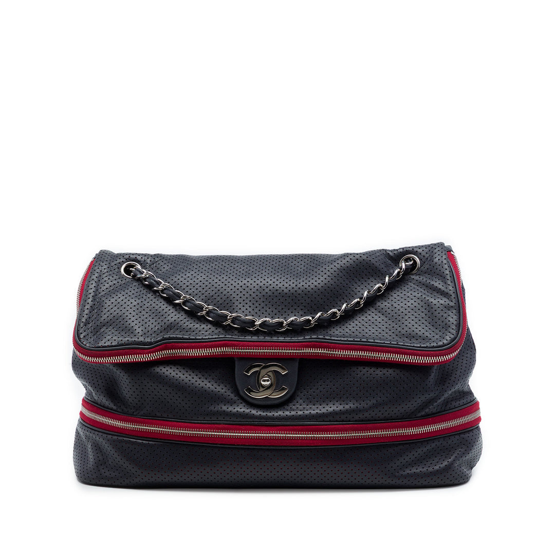 perforé Expandable Sac Cuir de veau Bleu
