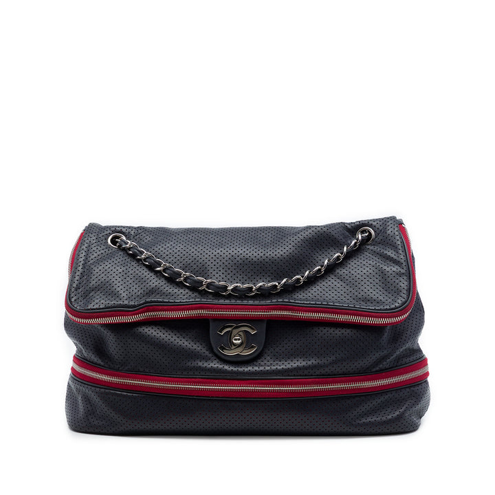 perforé Expandable Sac Cuir de veau Bleu