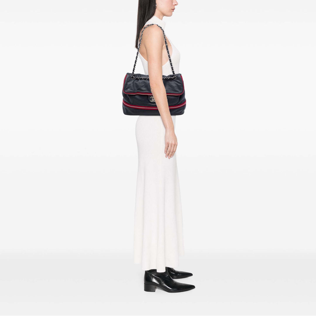 perforé Expandable Sac Cuir de veau Bleu