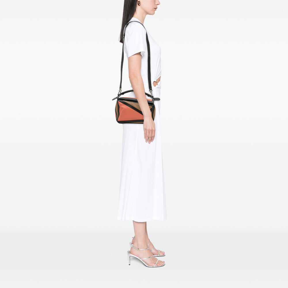 Small Calfskin Graphic Puzzle Satchel Brown - Gaby Paris