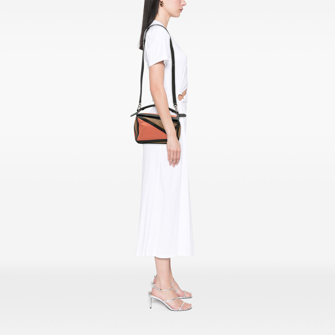 Small Calfskin Graphic Puzzle Satchel Brown - Gaby Paris