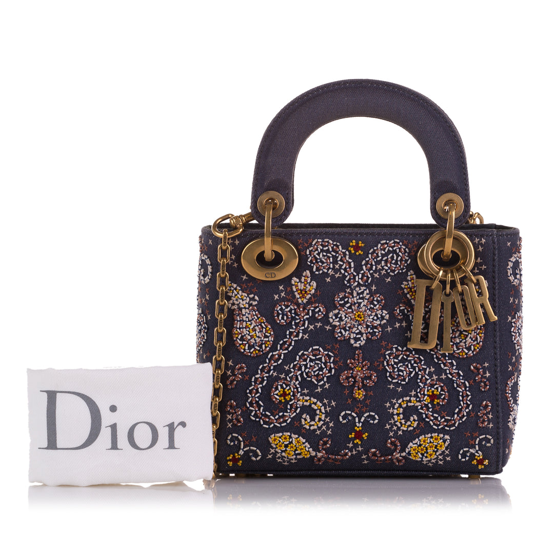 Mini Denim Embroidered Lady Dior Blue - Gaby Paris