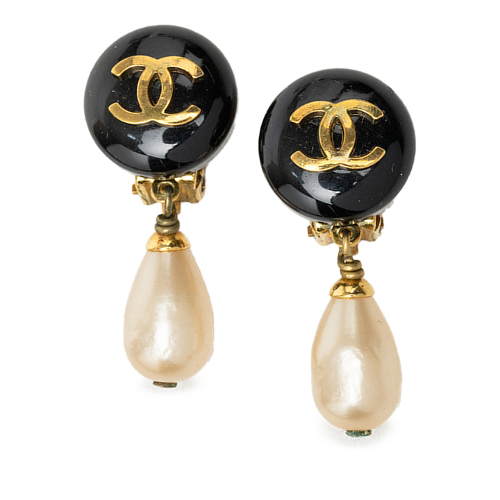 CC plaqué Resin et Perles fantaisie pendantes À clip Boucles d'oreilles Noir