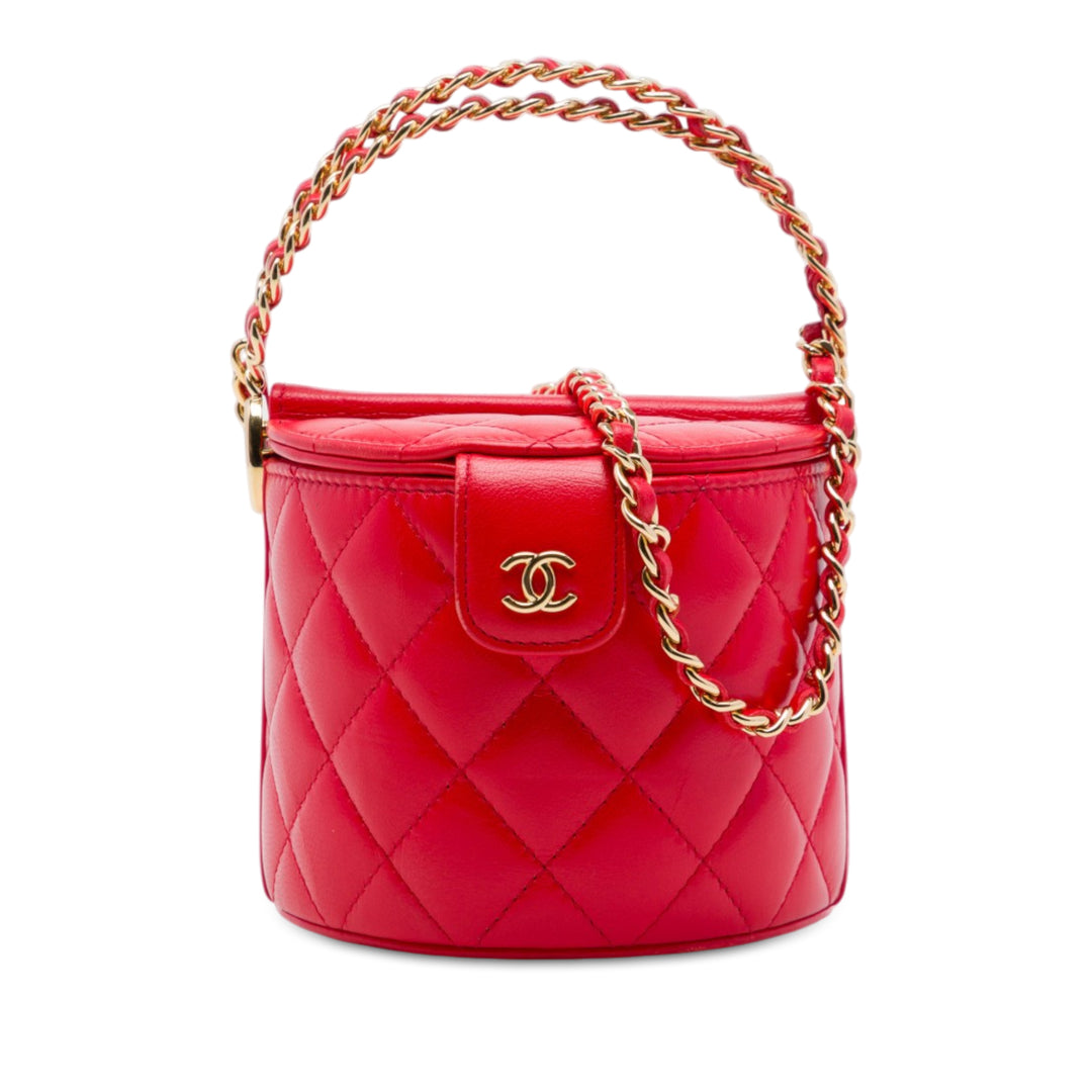 CC Matelassé Rond Vanity avec chaîne Cuir d'agneau Rouge