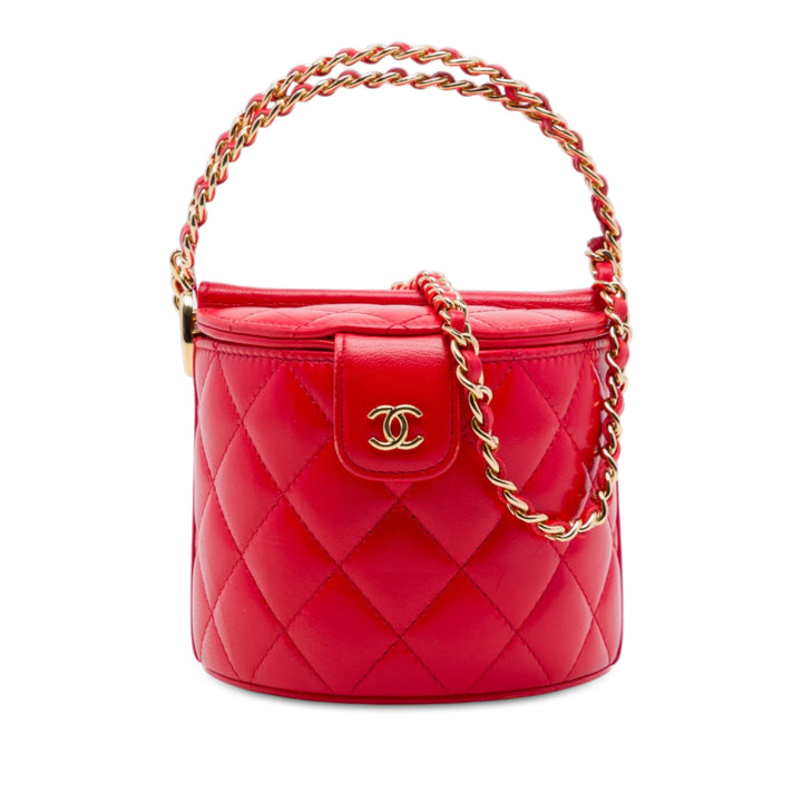 CC Matelassé Rond Vanity avec chaîne Cuir d'agneau Rouge