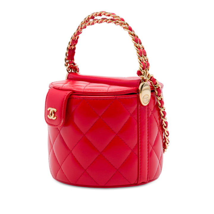 CC Matelassé Rond Vanity avec chaîne Cuir d'agneau Rouge