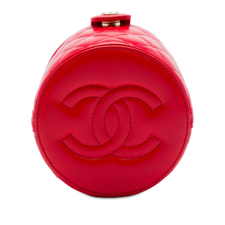 CC Matelassé Rond Vanity avec chaîne Cuir d'agneau Rouge
