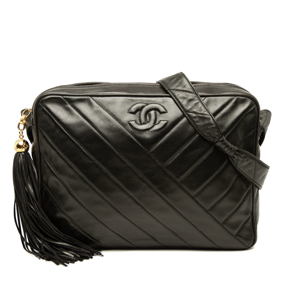 CC Chevron Pompon Sac Cuir d'agneau Noir
