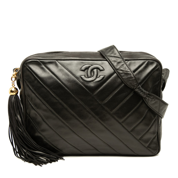 CC Chevron Pompon Sac Cuir d'agneau Noir
