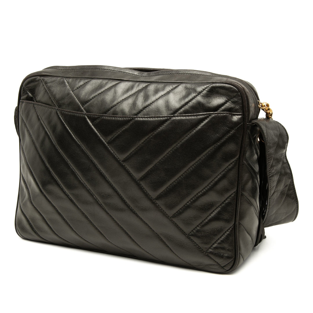 CC Chevron Pompon Sac Cuir d'agneau Noir