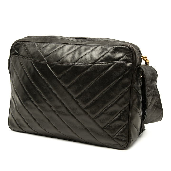 CC Chevron Pompon Sac Cuir d'agneau Noir