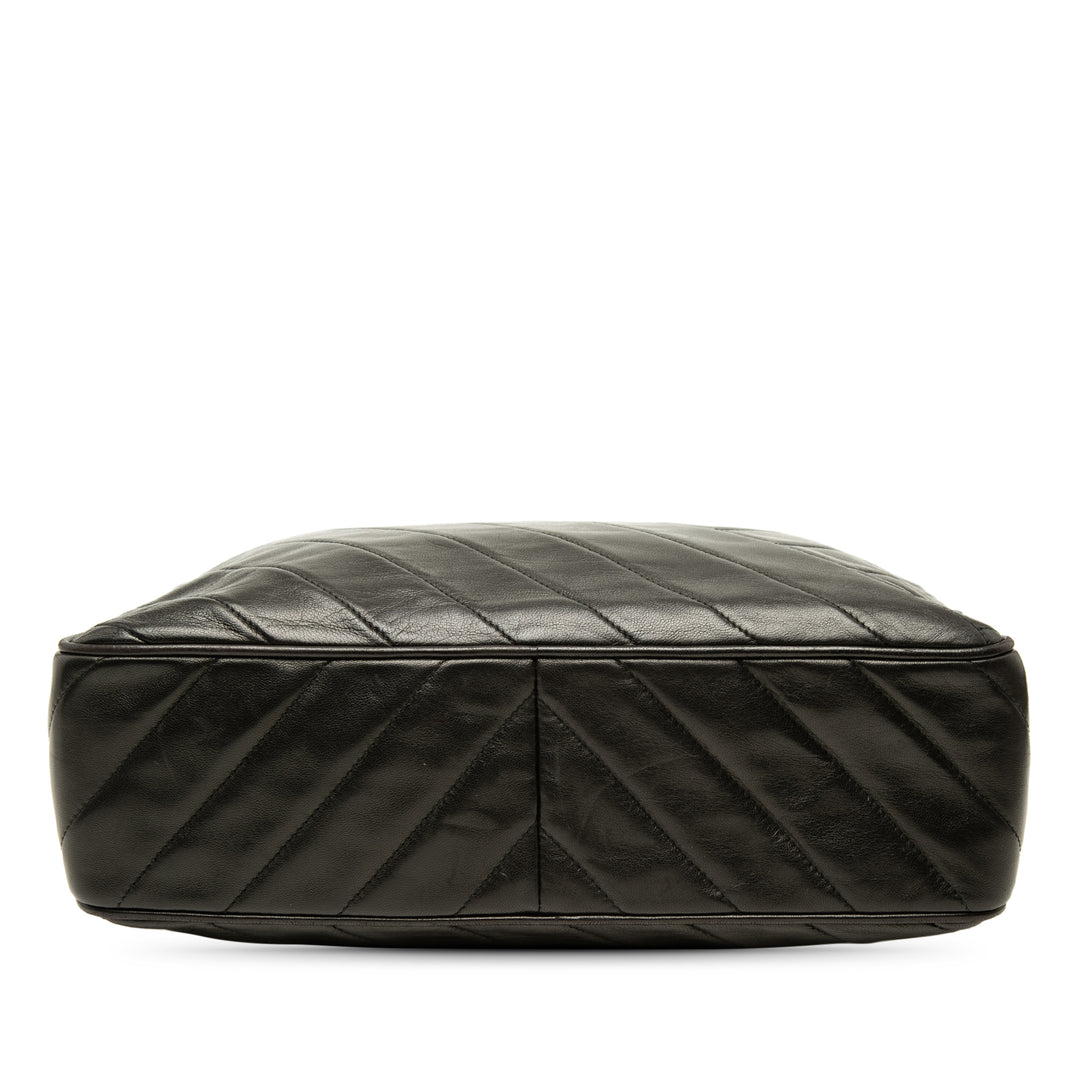 CC Chevron Pompon Sac Cuir d'agneau Noir