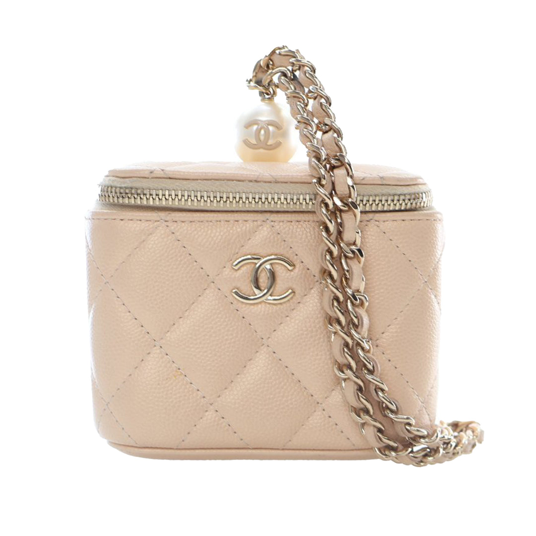Mini Quilted Iridescent Caviar Pearl On Top Vanity Case With Chain Brown - Gaby Paris
