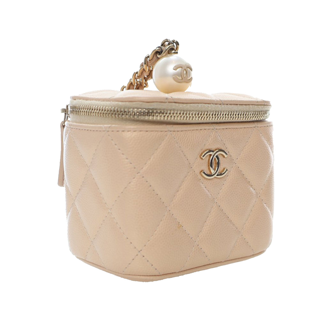 Mini Quilted Iridescent Caviar Pearl On Top Vanity Case With Chain Brown - Gaby Paris