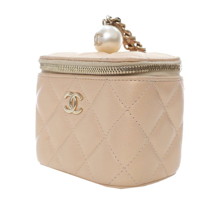 Mini Quilted Iridescent Caviar Pearl On Top Vanity Case With Chain Brown - Gaby Paris