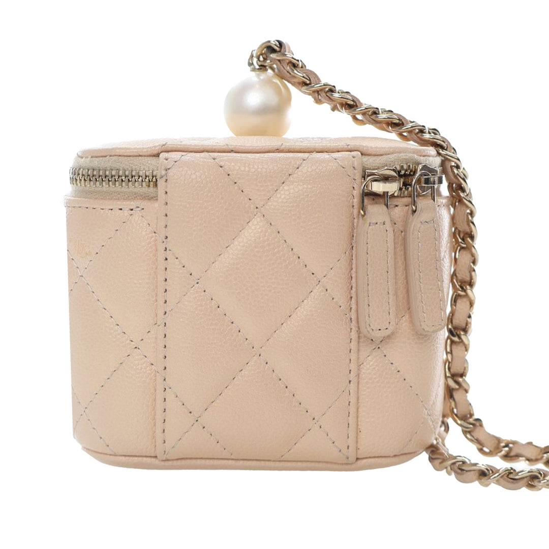 Mini Quilted Iridescent Caviar Pearl On Top Vanity Case With Chain Brown - Gaby Paris