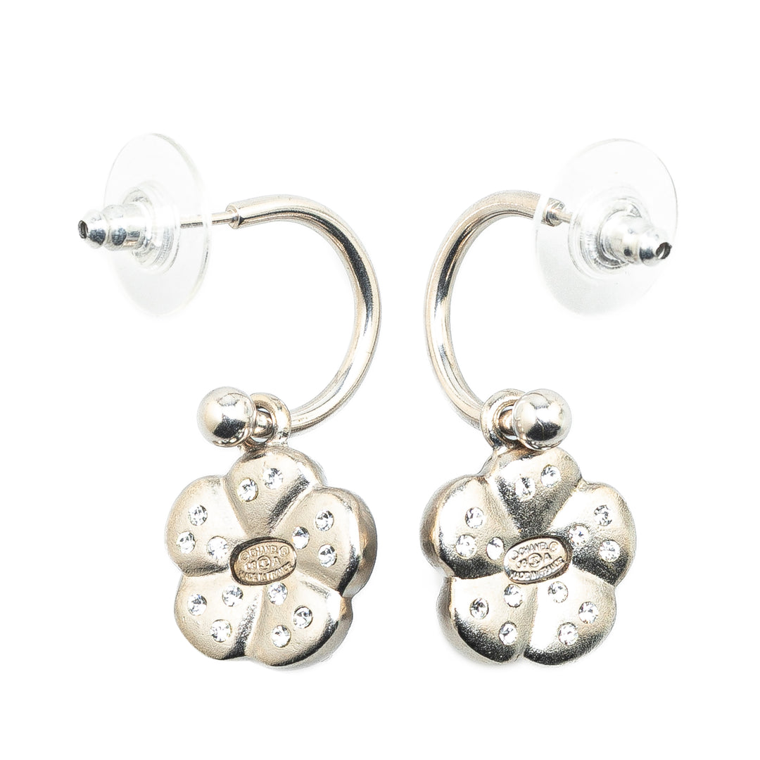 Silver Camellia Crystal Hoop Push Back Earrings Silver - Gaby Paris