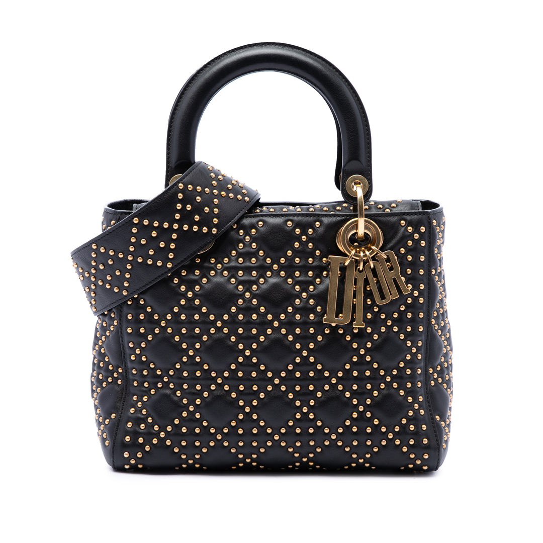 Dior Lady Dior Cannage clouté Souple Moyen Cuir d'agneau Noir