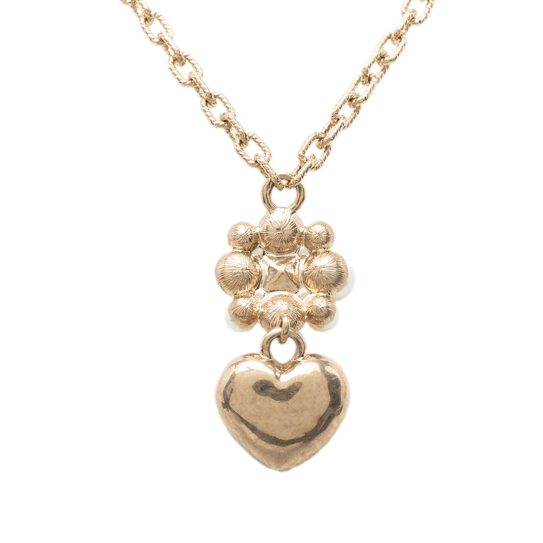 Chanel CC plaqué Perles fantaisie Flower et Strass Heart Pendant Collier