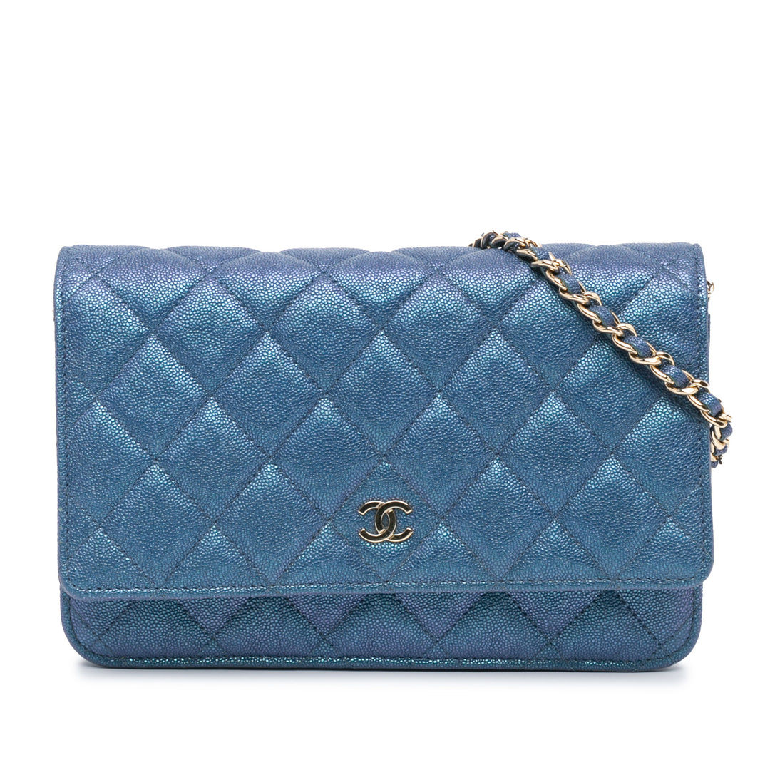 CC Quilted Iridescent Caviar Wallet on Chain Blue - Gaby Paris